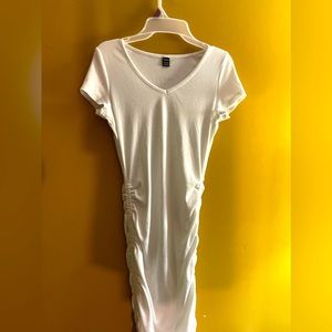 V-neck Drawstring White Ruched Side Dress